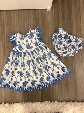 Pink Chicken White and Blue Dress with Eyelet Floral Embroidery